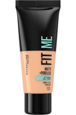 Maybelline Fit Me foundation i mörkbrun färg och glasbehållare mot vit bakgrund